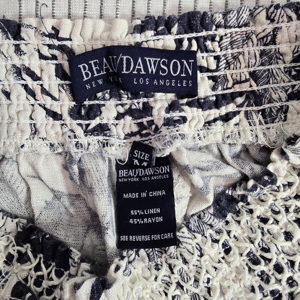 Linen Capri Short Pants White Blue Tropical Print Stretch Waist by Beau Dawson M - Picture 6 of 7